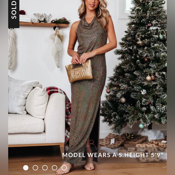 VICI Disco Fever shimmer long dress w/ slit & draped halter cowl neckline. NEW L - Picture 9 of 12